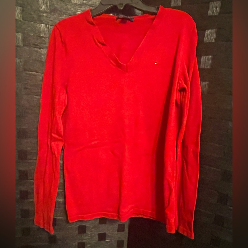 TOMMY HILFIGER 100% Cotton V-neck Red Pullover Sweater Size MEDIUM
